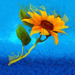 Fototapeta na wymiar sunflower flower in small clear glass isolated on blue, digital painting. imitation of the style of Van Gogh