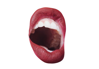 Woman open mouth on white background. Abstract scream background