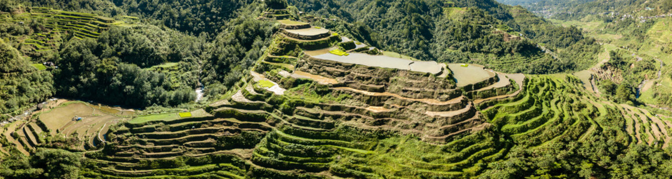 Aerial drone panorama of spectacular towering rice terraces