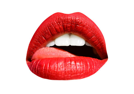 Open mouth with red lipstick, isolated on white