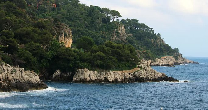 Beautiful Panoramic View Of The Mediterranean Sea And The Seaside With Rocks And Pine Trees At Saint-Jean-Cap-Ferrat, French Riviera, France, Europe - 4K Video
