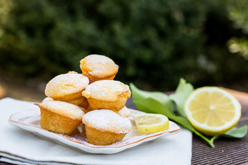 Lemon butter teacakes with cut lemon in garden