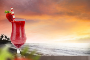 fresh cold summer drink and golden sunset time 