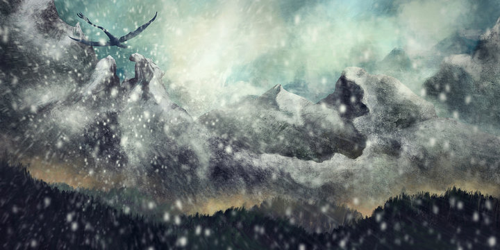 Wide environment, fantasy scenery with a flying dragon during a snowstorm- Digital Painting