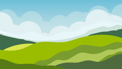 Valley landscape with mountains, hills, clouds and sky. Vector illustration.