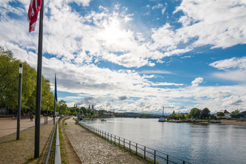 A view of Koblenz and the German Corner (Deutsches Eck) where the rivers Rhine and Mosel meet.