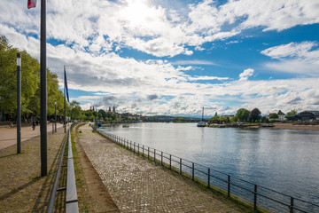 A view of Koblenz and the German Corner (Deutsches Eck) where the rivers Rhine and Mosel meet.