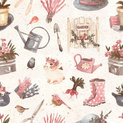 Seamless pattern with flowers, plants and garden tools on kraft textured background