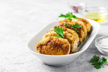 Healthy vegetable cutlets with herbs. Selective focus, space for text.