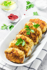 Healthy vegetable cutlets with herbs.Selective focus, space for text, closeup.