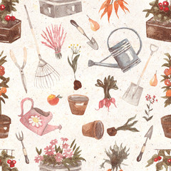 Seamless pattern with flowers, plants and garden tools on kraft textured background