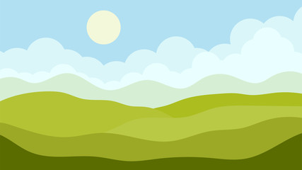 Fototapeta na wymiar Valley landscape with hills, sky and sun. Vector illustration.