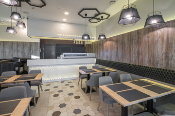 Interior of restaurant. Wooden design. Modern style.