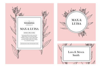Vintage wedding set with botanical. Wedding invitation, save the date, reception card. Wedding concept. Floral poster, invite.