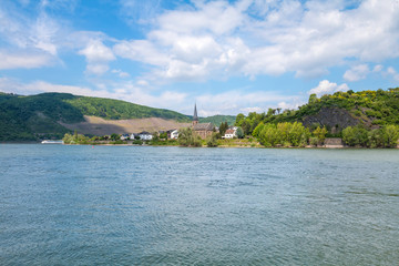 Fototapeta na wymiar View to river Rhine near Boppard city, Famous popular Wine Village of Boppard at Rhine River, middle Rhine Valley, Germany. Rhine Valley is UNESCO World Heritage Site