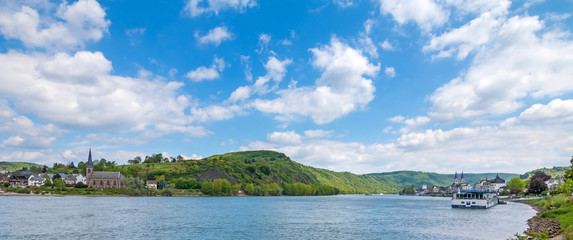 View to river Rhine near Boppard city, Famous popular Wine Village of Boppard at Rhine River, middle Rhine Valley, Germany. Rhine Valley is UNESCO World Heritage Site