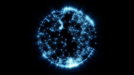 Animated rotating abstract blue radiant sphere constructed with glowing points, lines and polygons...