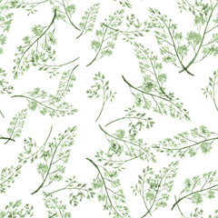Watercolor green floral seamless background, texture of leaves, grasses, plants. 
wild grass, plants. Natural wood pattern. Beautiful pattern for your design. Manual graphics. 