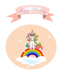Unicorn sitting on a cloud with a rainbow, with congratulations