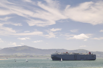 Large cargo ship leaving the harbor near a crowded beach
