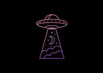 Silhouette of line UFO space ship. Alien space ship. Gradient Flying saucer. Vector illustration.