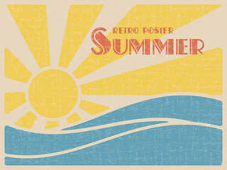Naklejka premium Plakat retro lato. Słońce nad falami morza. Styl vintage grunge