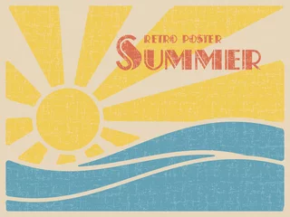 Sommer-Retro-Poster. Sonne über den Meereswellen. Vintage-Grunge-Stil © sanchesnet1