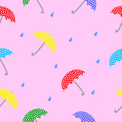 Symbols of inclement weather colorful umbrellas and raindrops. Vector seamless illustration.