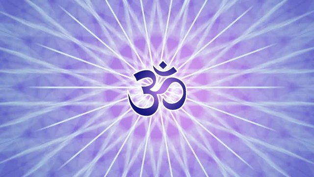 Mandala with the sign of Aum (Om, Ohm). Blue and purple colors. Meditative pattern rotation. Video.