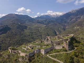 Aerial view of Villehardouin's Castle in the abandoned town of Mystras, Greece