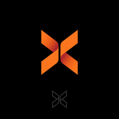 X letter like butterfly. Origami emblem. X origami logo, like orange ribbon. Two elements make up the X letter. Contour option.