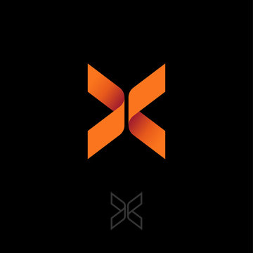 X letter like butterfly. Origami emblem. X origami logo, like orange ribbon. Two elements make up the X letter. Contour option.