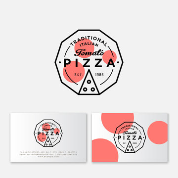 Pizza Logo. Tomato Pizza Style. Simple Linear Stamp Style. Geometry Style. Pizzeria Logo And Business Card. Italian Traditional Food Emblem. 