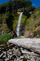 Waterfall and driftwood, Short Beach, Oregon