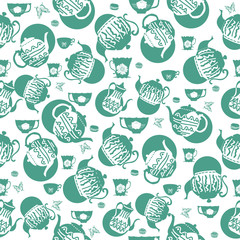 Blue green vintage teapots and cups seamless pattern background with circles. Perfect for fabric, scrap booking, wallpaper, invitations, gift wrap