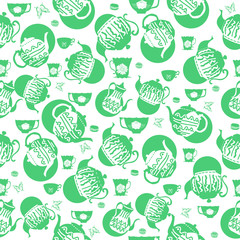 Vector blue green vintage teapots and cups seamless pattern background with circles. Perfect for fabric, scrap booking, wallpaper, invitations, gift wrap