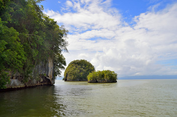Fototapeta na wymiar island, rock in the Atlantic Ocean covered with green vegetation, against a backdrop of the shore in the background. Los Haitises National Park, southern part of Samana Bay