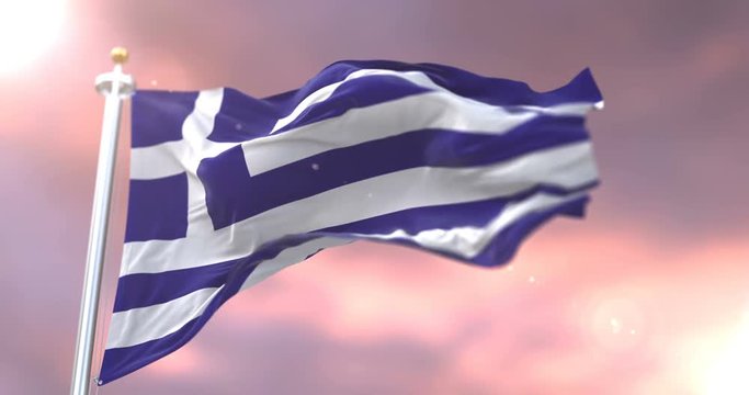 Flag of Greece waving at wind at sunset, loop