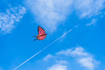 Fototapeta na wymiar Kite flying in the sky among the clouds.Bedford International Kite Festival 2018.