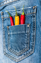 Pocket of jeans staffed with red and yellow chilly peppers, denim background. Piquant secret in pocket of pants, top view. Peppers in back pocket of blue jeans. Hot sensations concept