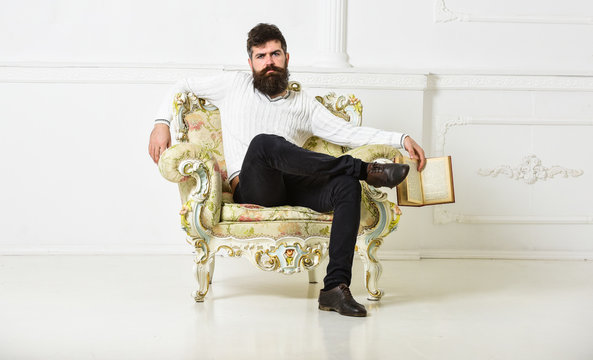 Knowledge concept. Macho smart spends leisure with book. Man with beard and mustache sits on armchair and holds book, white wall background. Scientist, professor on serious face explores literature.