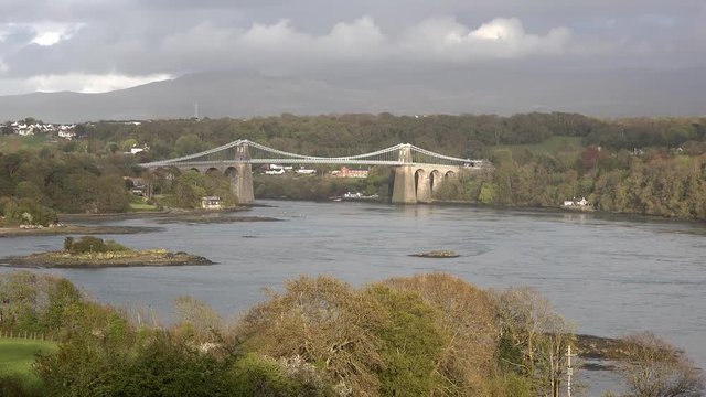 Menai Bridge and the Straits at sunset Isle of Anglesey North Wales