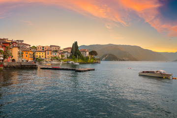 Naklejka premium holidays in Italy - a view of the most beautiful lake in Italy, Varenna, Lago di Como. Evening time.