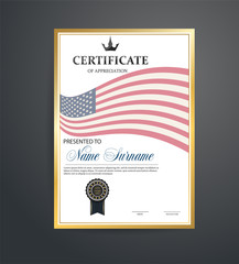 Certificate template. Certification against the background of the American flag. Vector illustration