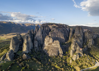 Beautiful aerial panorama of Meteora rock pillars and monasteries