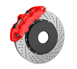 Car Brake Disc and Red Caliper Isolated