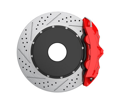 Car Brake Disc and Red Caliper Isolated