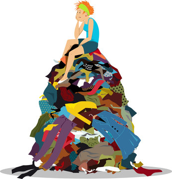 Sad Woman Sitting On A Big Pile Of Useless Clothes Having Nothing To Wear, EPS 8 Vector Illustration