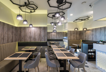 Interior of restaurant. Wooden design. Modern style.