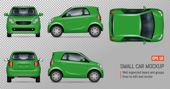 Compact car vector mockup on transparent background for vehicle branding, corporate identity. View from left, right, front, back, and top sides.